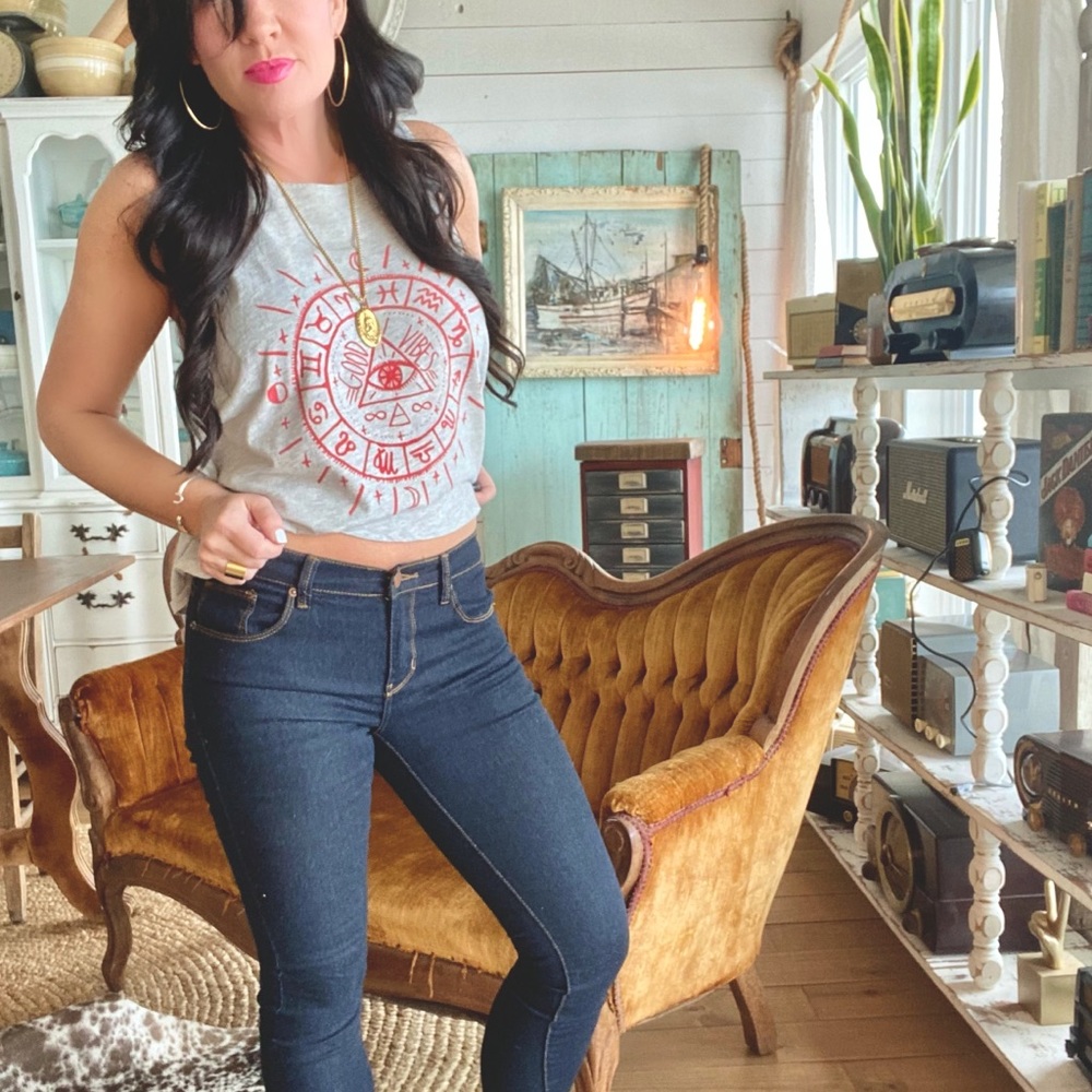 Dark washed jeans.